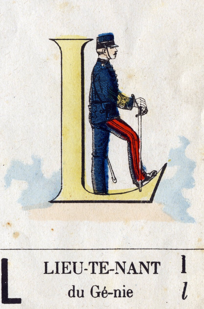 Letra L como teniente. Alfabeto militar. Imágenes de Epinal, circa 1870-1880. Xilografías coloreadas con plantilla de French School