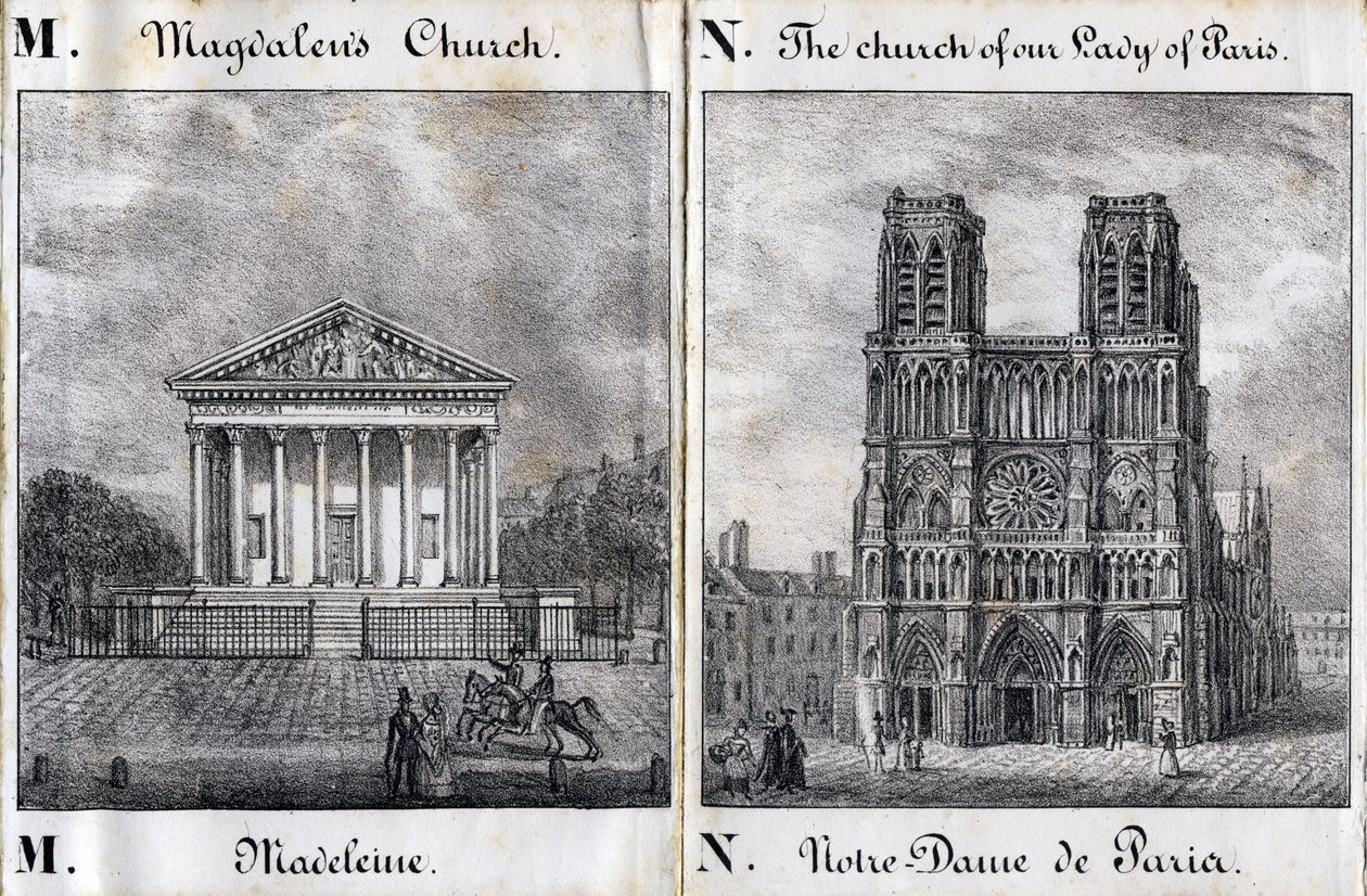 Letra M Madeleine y N Notre-Dame de París - "Alphabet Picturesque des Monumens de Paris" c.1840 (grabado) de French School