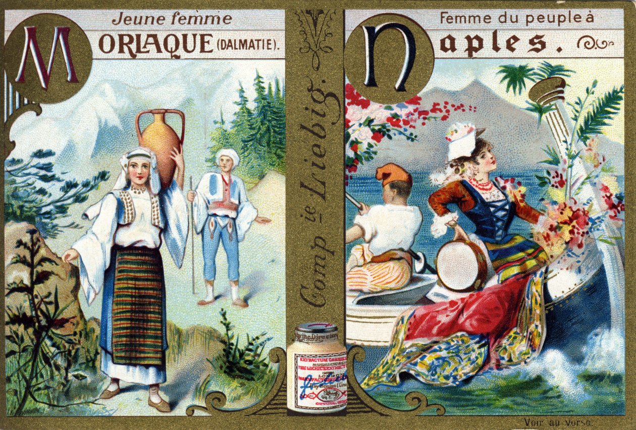 Letra M como Joven Mujer Morlaca y N como Mujer del Pueblo en Nápoles. Alfabeto de mujeres. Serie de 12 imágenes. Publicidad Liebig de French School
