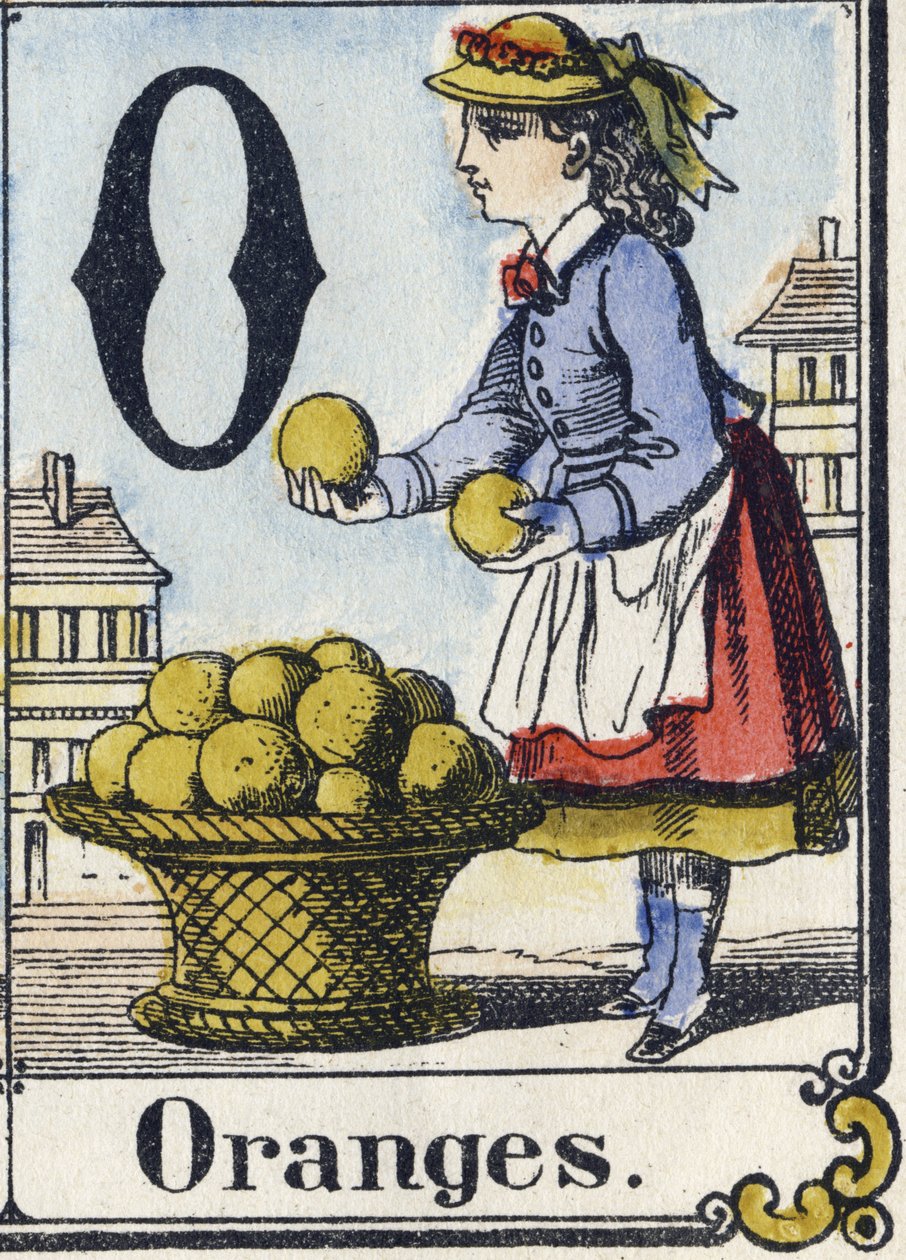Letra O: Naranjas. Alfabeto recreativo. Imagen de Epinal, circa 1880 de French School