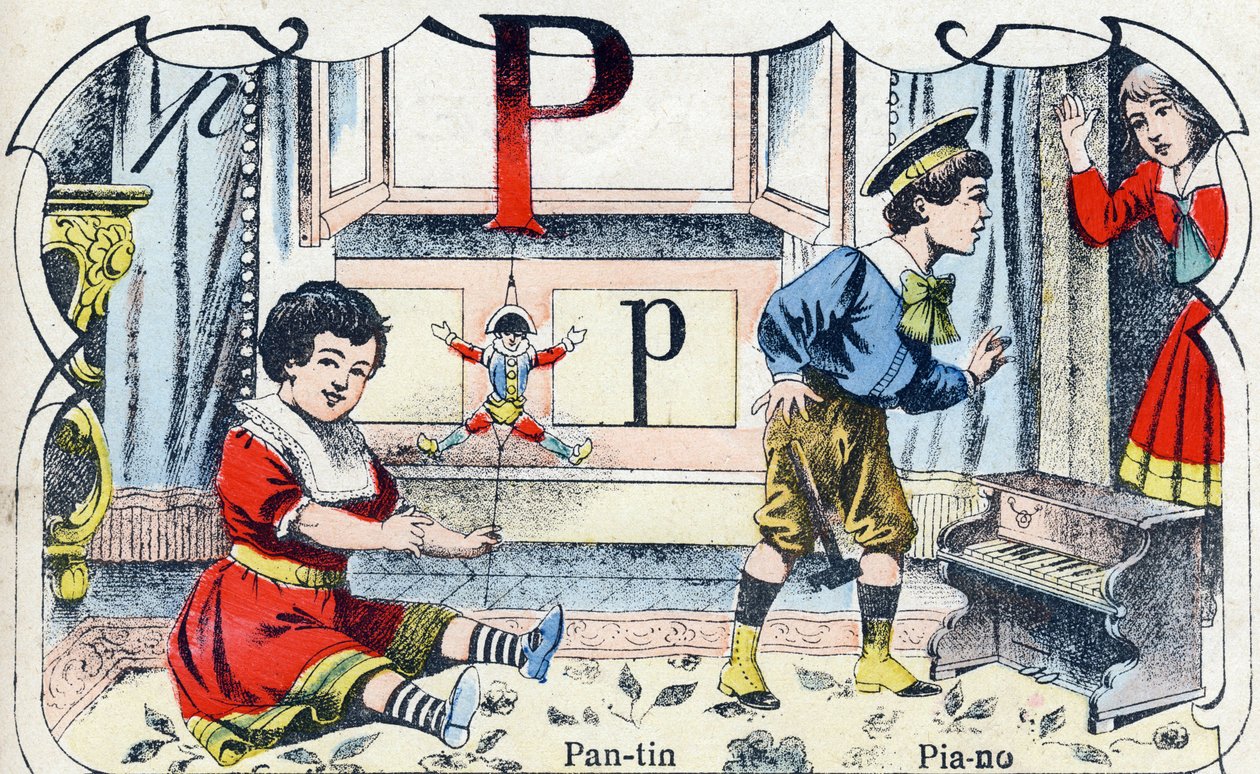 Letra P: Pantin Piano. Grabado en "ABC des joux pour petits boys". Imágenes de Pont-a-Mousson, Louis Vagne, impresor-editor, finales del siglo XIX. Dim: 32,5x25 cm de French School