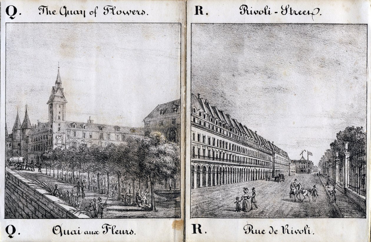 Letra Q y A: El muelle de las flores y la calle de Rivoli - "Alphabet Picturesque des Monumens de Paris" c.1840 (grabado) de French School