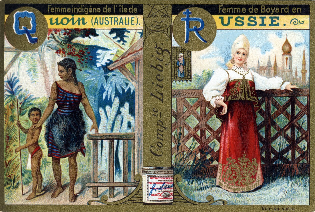 Letra Q como Mujer Indígena de la Isla Quoin y R como Mujer Boyarda en Rusia. Alfabeto de mujeres. Serie de 12 imágenes. Publicidad de Liebig de French School