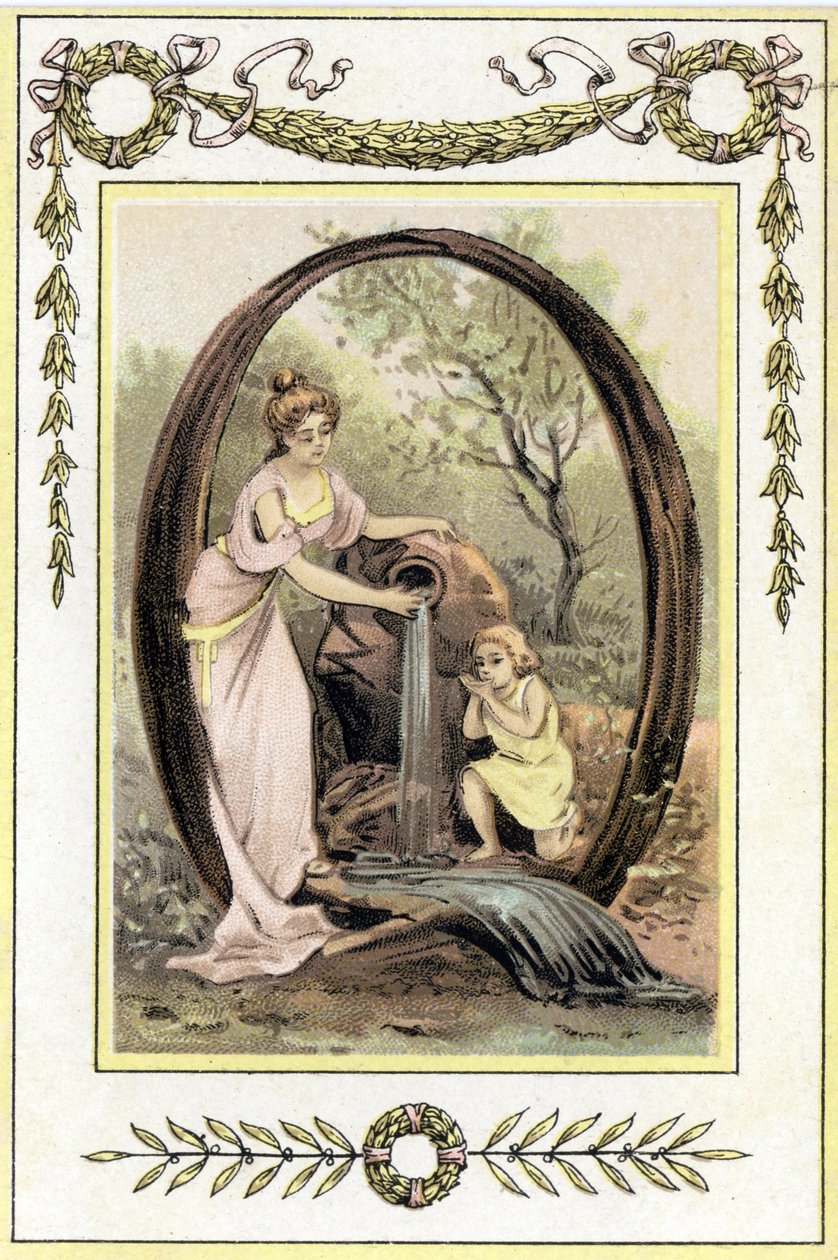 Letra Q representando a una madre y su hijo bebiendo agua del manantial, finales del siglo XIX (cromolitografía) de French School