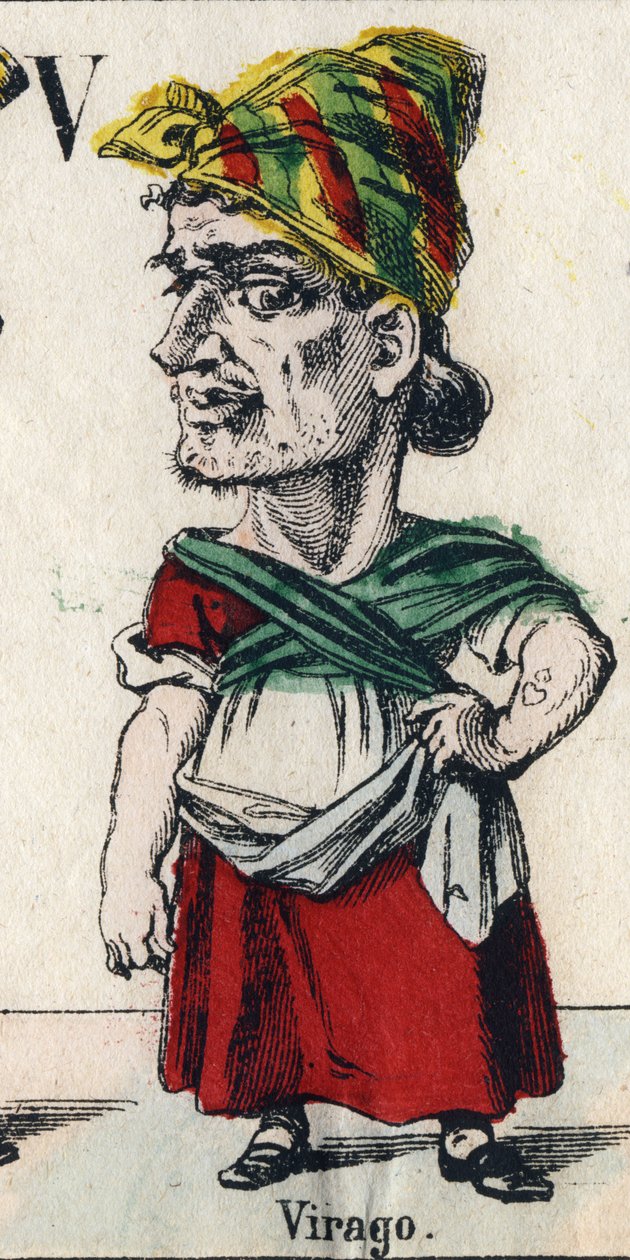 Letra V: Virago (Por denigración, niña o mujer de gran tamaño, que tiene los modales de un hombre). Grabado en "Alfabeto Cómico". Nueva imagen de Epinal. Litografía Pinot et Sagaire, editores, entre 1860 y 1888 de French School