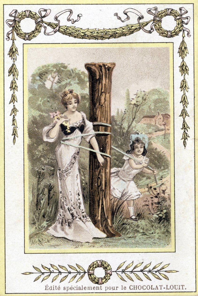 Letra representando a una madre y su hija jugando, finales del siglo XIX (cromolitografía) de French School