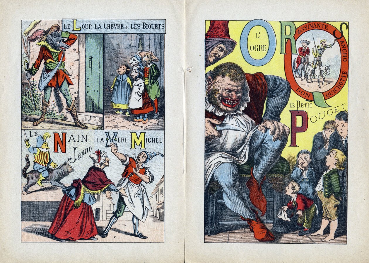 Letras: L M N O P Q R S (página central doble). El lobo, la cabra y los biquets, La Madre Michel, El Enano amarillo, El Ogro y el Peucet, Don Quijote, Rocinante y Sancho. Grabado en "ABC Les Images en Alphabet". Imágenes de Epinal. Pellerin y Cie, impresor de French School