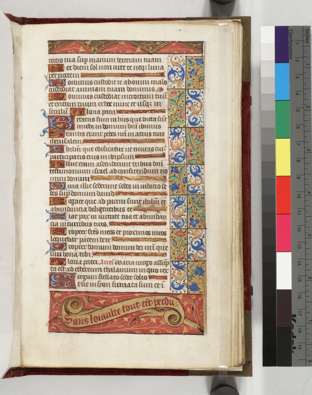 Lewis E 113 f.20r Página de texto decorada con el lema Sin lealtad todo está perdido, 1500-15 de French School