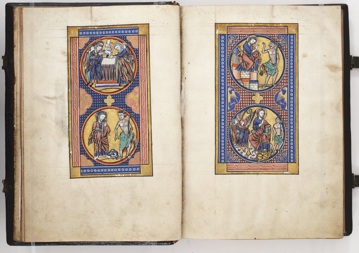 Salterio de Lewis ff.8v-9r, Presentación en el Templo y las Tres Tentaciones de Cristo, c.1225-40 (temple y oro sobre vitela) de French School