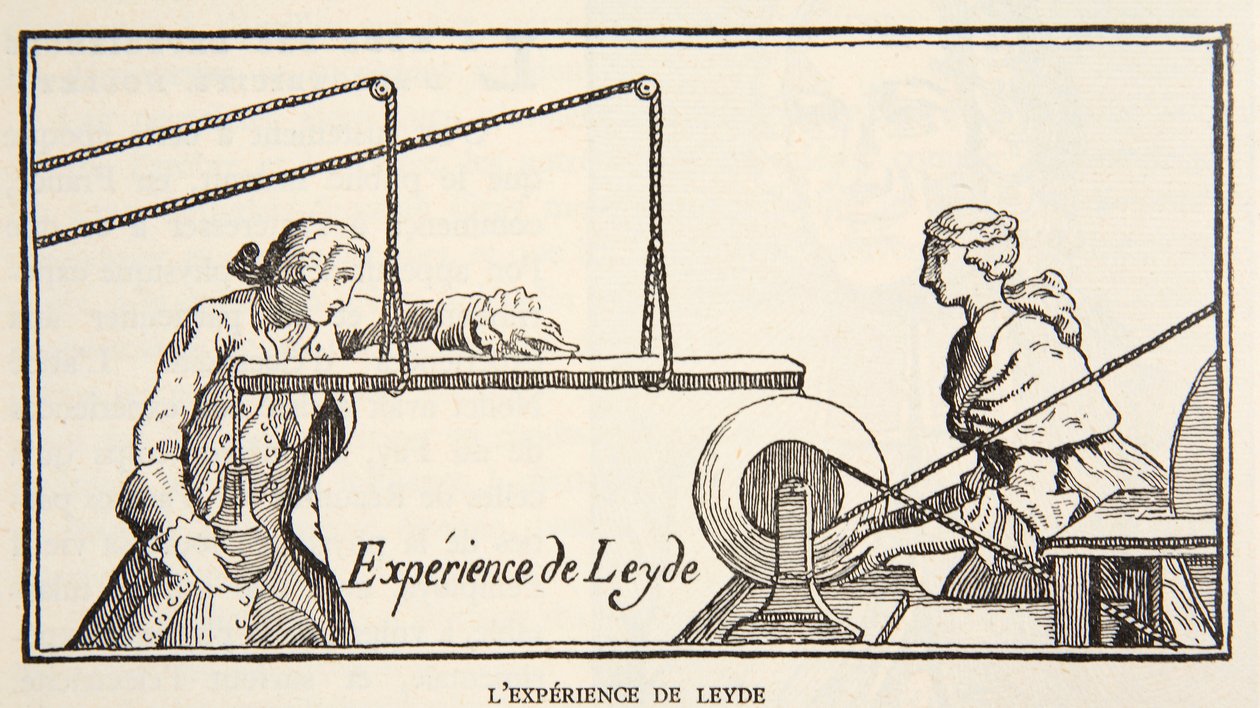 Experimento de Leyde, copia de Boris Mestchersky (d.1957) ilustración de Histoire de la Nation Francaise, Sciences, Volúmenes I y II, por Gabriel Hanotaux (1853-1944), 1924 de French School