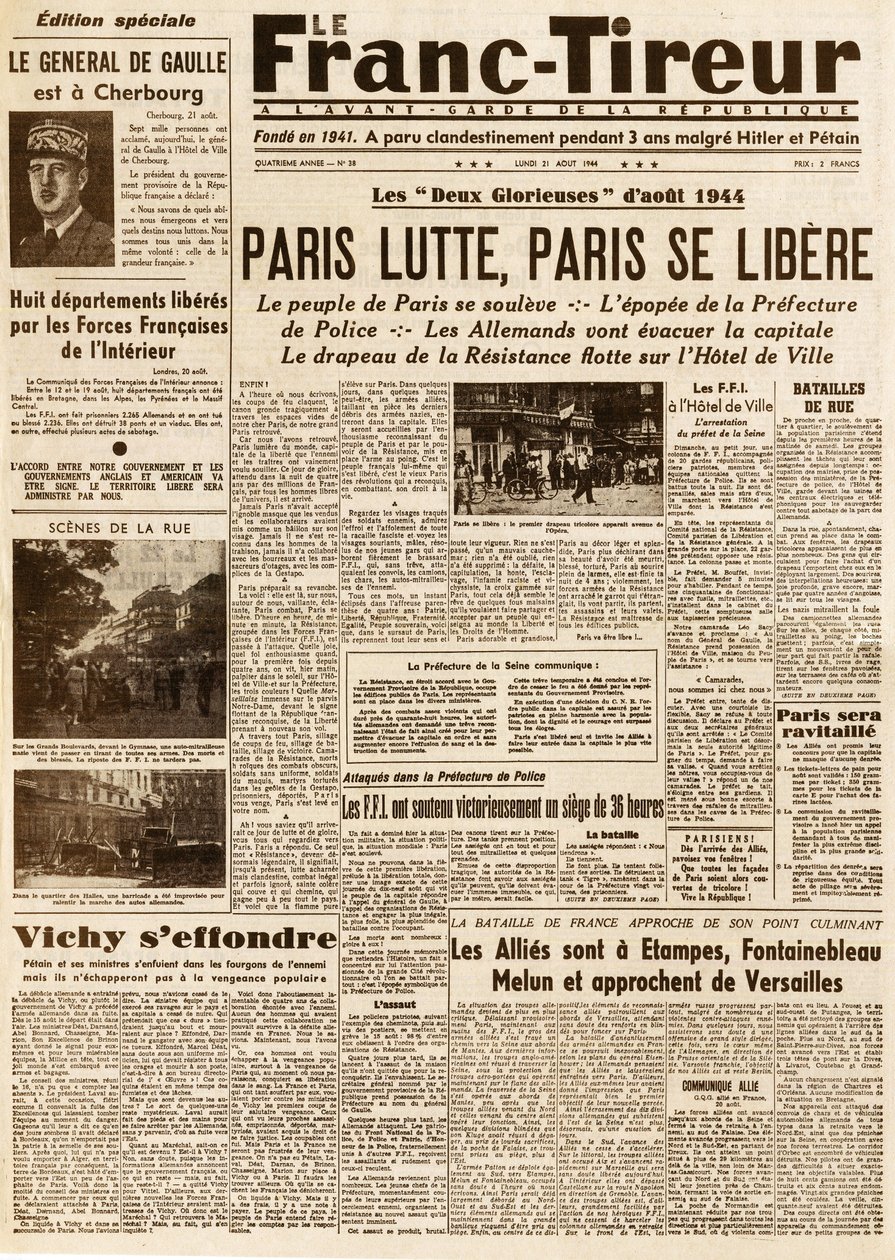 Liberación de París - Le FRANC TIROUR número 38 del 21 de agosto de 1944 - París lucha, París se libera de French School
