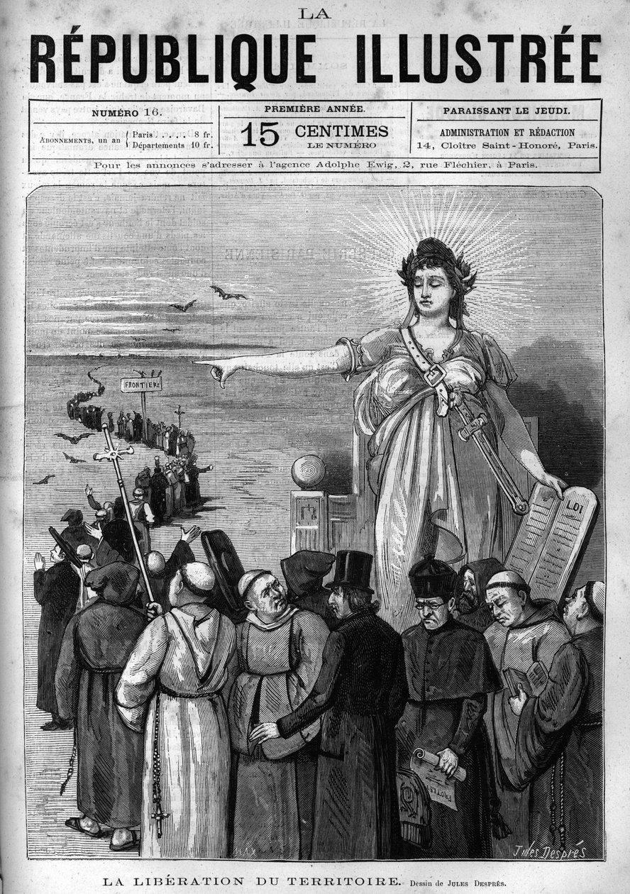 Liberación del territorio: la República Francesa expulsa a congregaciones religiosas no autorizadas del territorio francés tras los decretos de marzo de 1880 tomados por Jules Ferry y privándolas del derecho a enseñar. Un periódico. Grabado de 1880 en "La  de French School