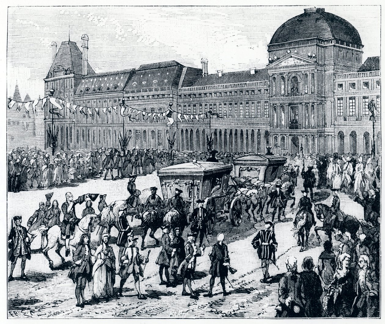 La vida bajo Luis XV: el rey llegando al Palacio de las Tullerías, donde la reina y el delfín lo esperan - en "París a través de los siglos" por Gerouillac de French School