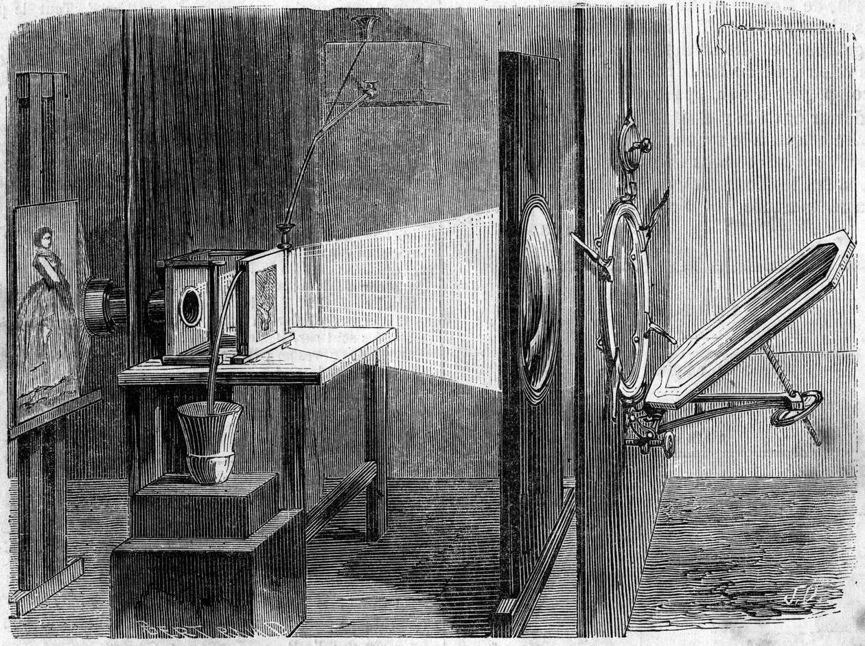 Puerta de luz aplicada a la fotografía inventada por Edouard Delessert (1828-1898). El espejo refleja los rayos del sol y los devuelve a una lente que los reúne en un haz para hacerlos converger en un cliché cuya imagen, reproducida por una cámara Daguerre de French School
