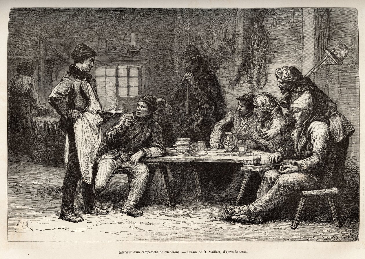 El interior de un campamento de leñadores en Ontario, grabado después de un dibujo de D.Maillard, ilustrando la excursión a Canadá y al Río Rojo del norte, por H. De Lamotte, en 1873, publicado en “Le tour du monde” 1875, editado por Edouard Charton, edici de French School