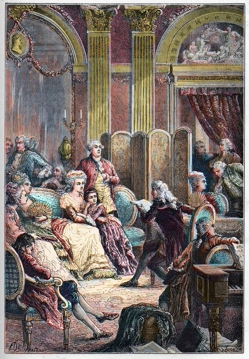 Salón literario - Lectura de “Paul y Virginia” de Jacques-Henri Bernardin de Saint-Pierre en los salones de Madame Necker en París - junto a Mme Necker su esposo Jacques Necker y su hija Germaine, luego, Mme de Stael de French School