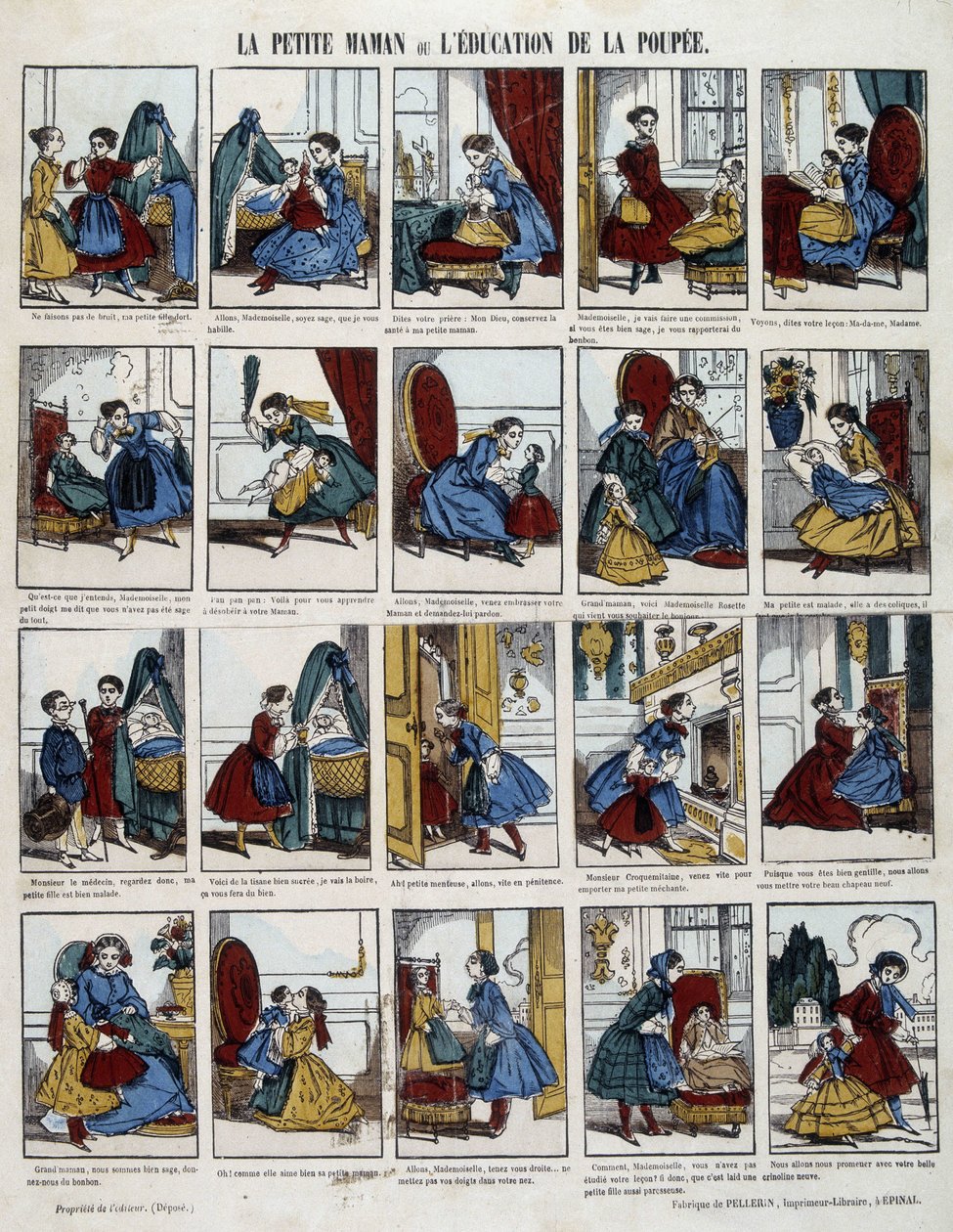 Pequeña mamá “La Educación de la Muñeca”. Imagen de Epinal, sd. siglo XIX. de French School