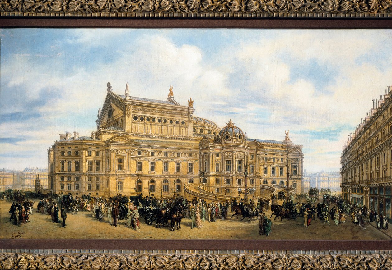 La ópera de París construida por Charles Garnier, vista de la Rue Auber de French School