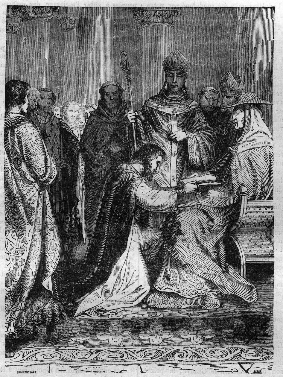 Lotario I (795-855) a los pies del Papa Adriano II (792-872). Grabado en 