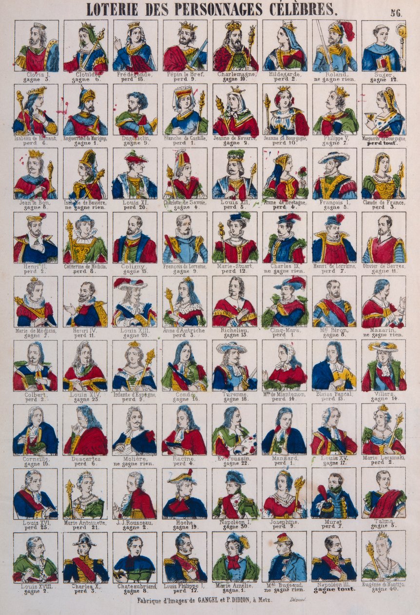 Lotería de Personas Célebres, publicada por Gangel & P. Didion, Metz, c.1870 de French School