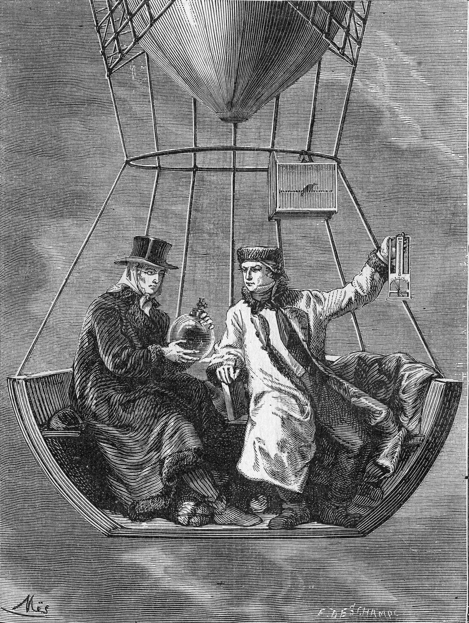 Louis-Joseph Gay-Lussac y Biot hacen experimentos de física a 4,000 metros de altura - en "Album de la Ciencia; científicos ilustres; Grandes descubrimientos" 1896 de French School