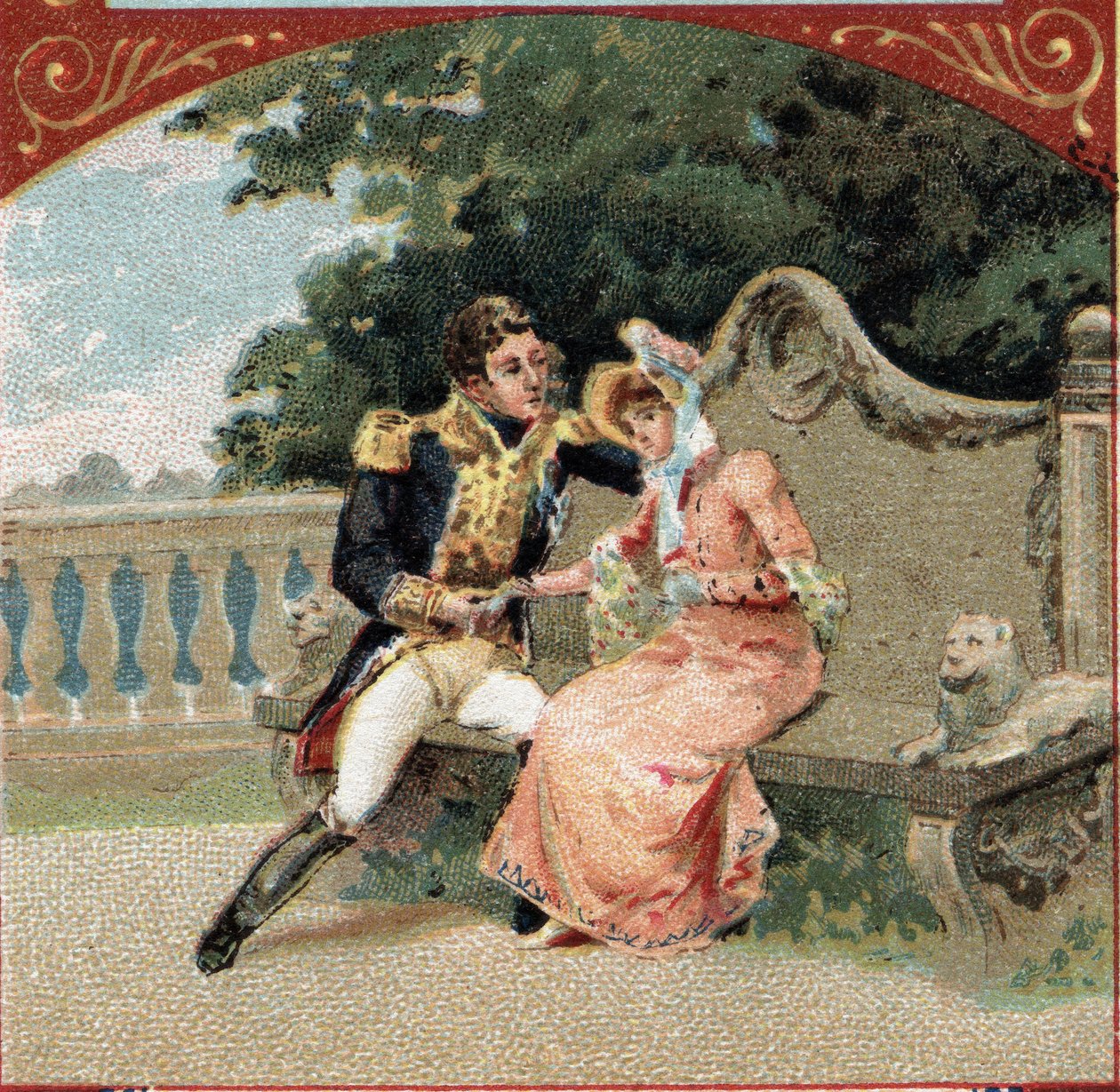 Luis Alejandro Berthier (1753-1815), Príncipe de Wagram, con Madame Visconti, su amante, en el Château de Grosbois. Cromolitografía de finales del siglo XIX de French School