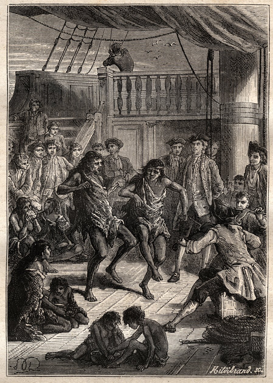 Louis Antoine, Conde de Bougainville (1729-1811) recibió a los habitantes de la Bahía Fortescue (Estrecho de Magallanes) en su barco "La Boudeuse" en 1768 - ilustración de "Los Grandes Navegantes del siglo XVIII" de French School