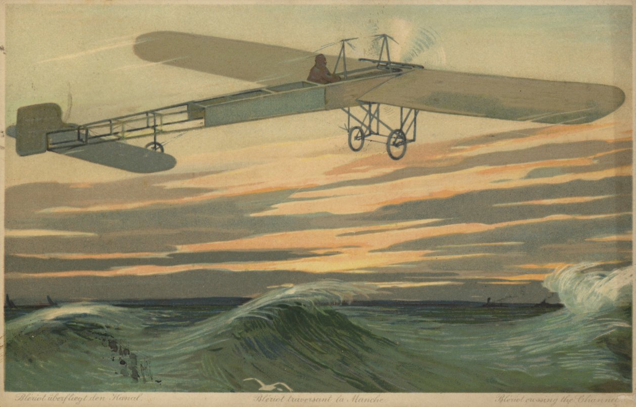 Louis Bleriot realiza el primer vuelo a través del Canal de la Mancha en un avión más pesado que el aire, 25 de julio de 1909 (litografía en color) de French School