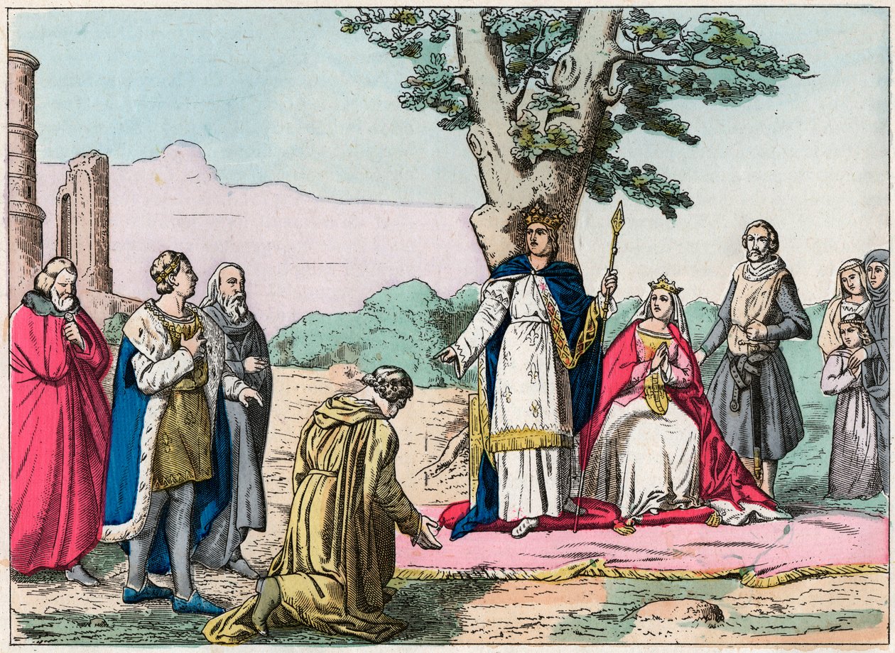 Luis IX, llamado “San Luis” (1214-1270) imparte justicia a todos sus súbditos en el Bosque de Vincennes - San Luis (1214-1270) imparte justicia - Grabado de finales del siglo XIX en “Nos Gires Nationales - Imágenes y relatos” de French School