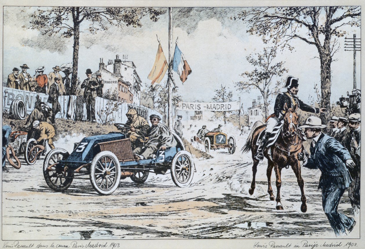 Louis Renault conduciendo en la carrera de París a Madrid de 1903, c.1903 de French School