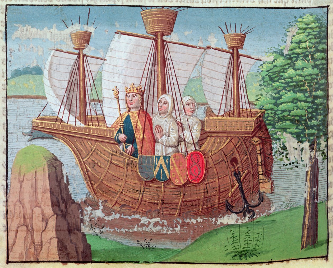 Luis VII embarcando hacia Tierra Santa con algunos monjes cistercienses en 1145, miniatura de "Ogier le Danois", impresa por A. Verard, París de French School