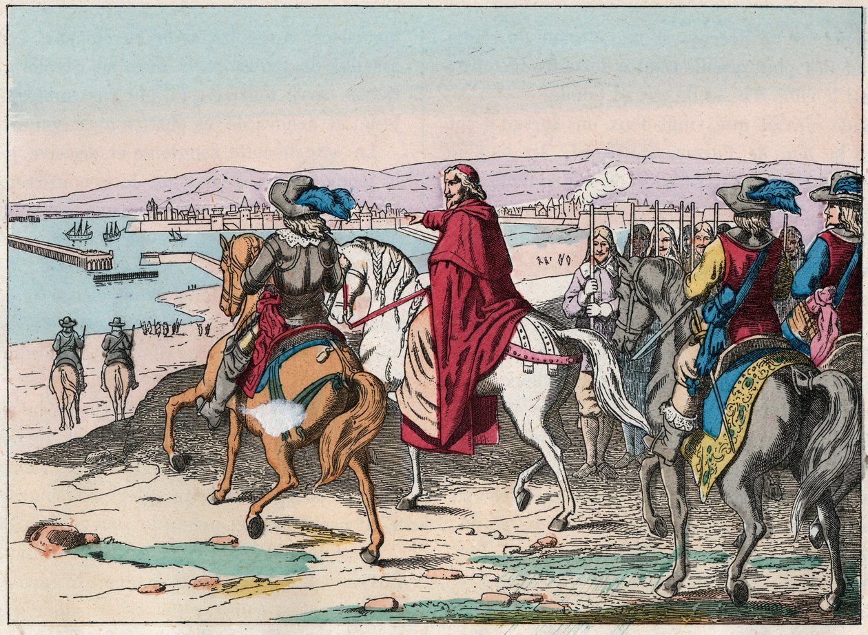 Luis XIII (1601-1643) y el Cardenal Richelieu en el sitio de La Rochelle, plaza de armas de los protestantes en octubre de 1628 - Cardenal de Richelieu y Luis XIII (1602-43) en el sitio de La Rochelle en octubre de 1628 - Grabado de finales del siglo XIX de French School