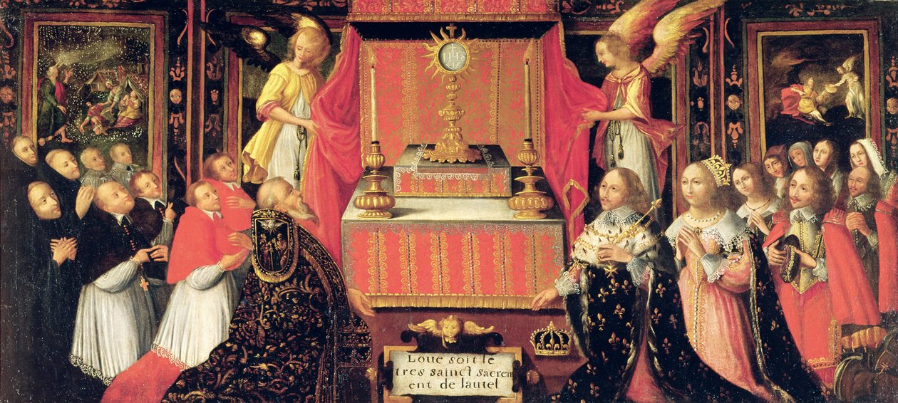 Luis XIII (1601-43) Ana de Austria (1601-66) Infanta de España y Gastón de Francia (1608-60) Duque de Orleans ante el Santísimo Sacramento de French School
