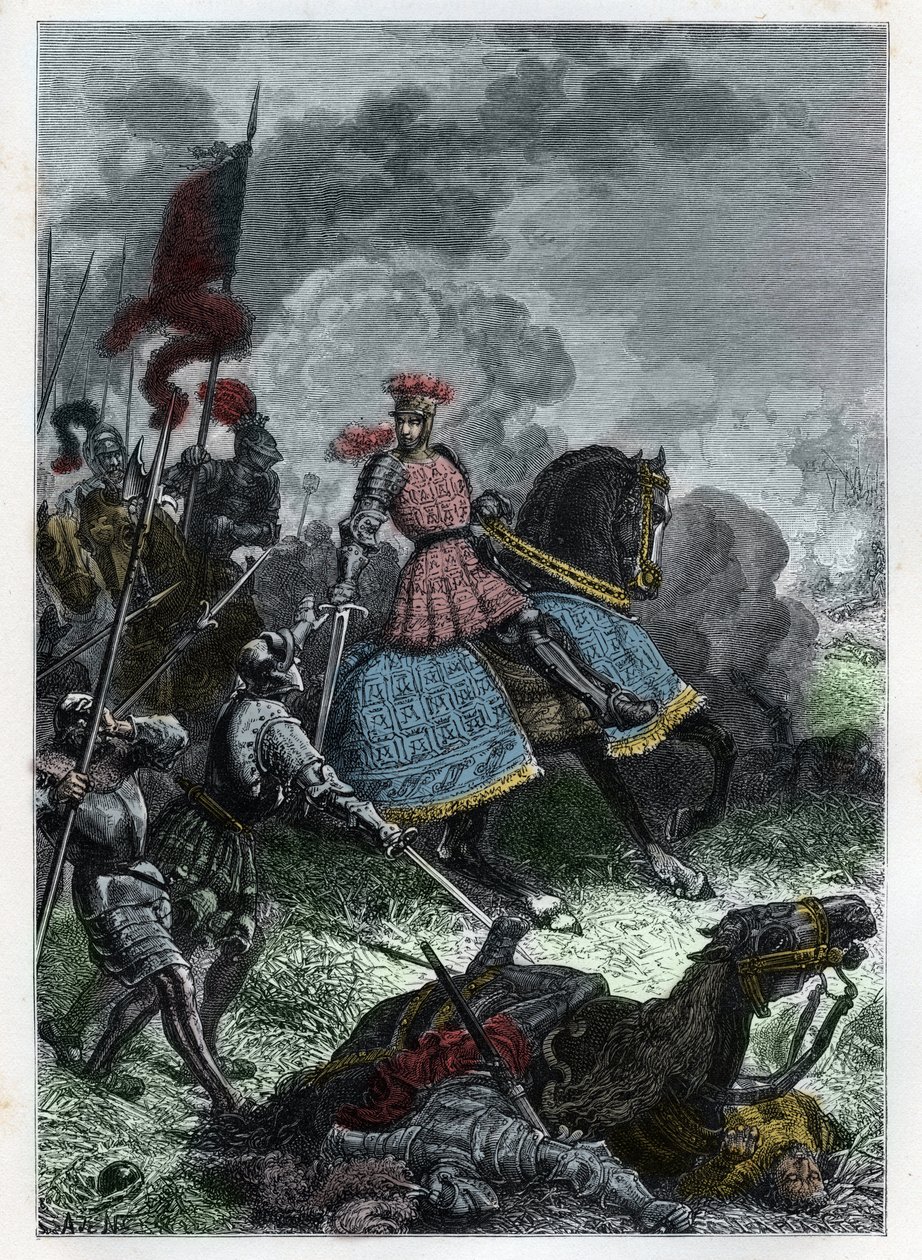 Luis XII en la Batalla de Agnadello cerca de Crema en Lombardía ganada por el Rey sobre los venecianos el 14 de mayo de 1509 - Batalla de Agnadello - Luis XII de Francia derrota a los venecianos - grabado de 