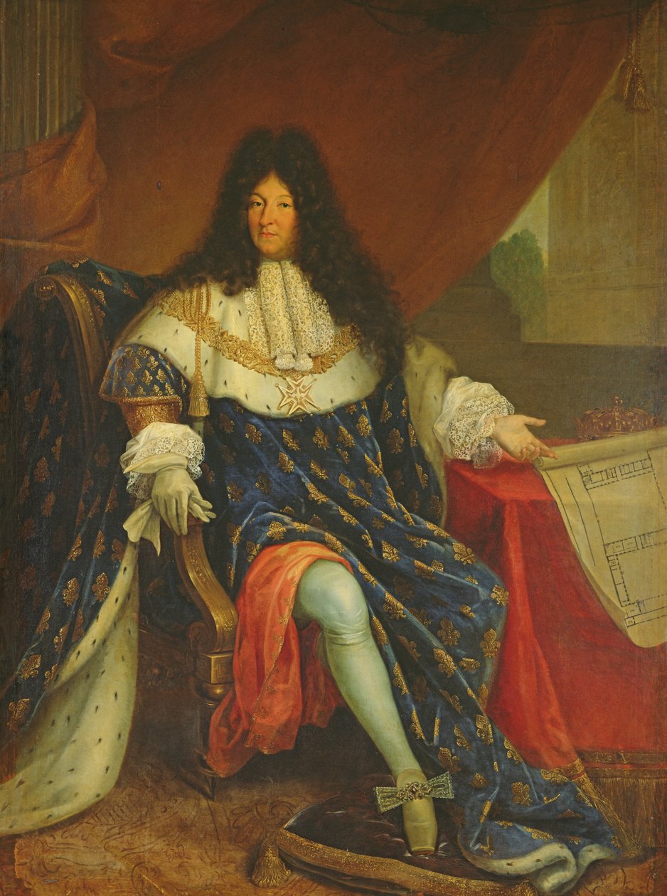 Luis XIV (1638-1715) sosteniendo un plano de la Maison Royale de Saint-Cyr de French School