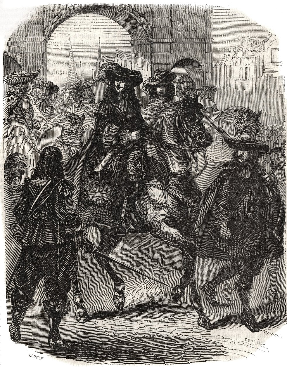 Luis XIV (1638-1715) y su esposa María Teresa de Austria (1638-1683) entraron en París en 1660. Grabado en “Historia de Francia” por L.-P. Anguetil de French School