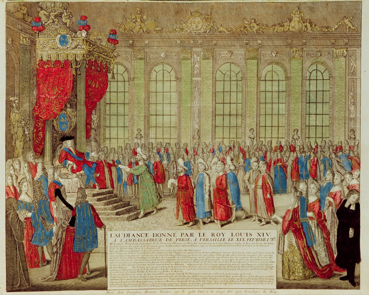 Luis XIV (1638-1715) recibiendo al embajador persa Mohammed Reza Beg en la Galería de los Espejos en Versalles, 19 de febrero de 1715 de French School
