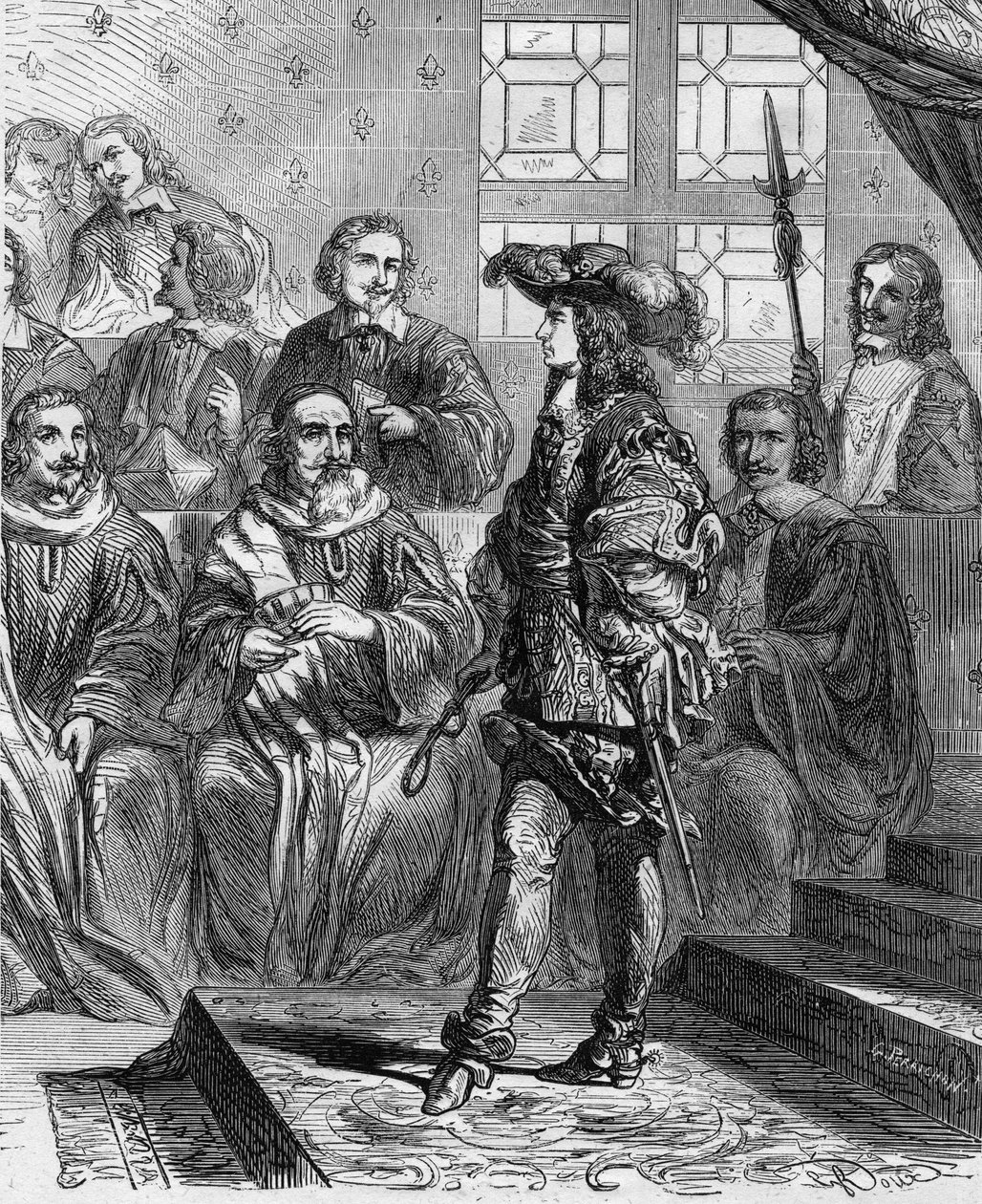 Luis XIV (1638 - 1715) tenía 17 años en 1652 ante el parlamento y obligó al presidente a disolver la asamblea. Grabado en "Histoire De France En Cent Peintures por Paul Lehugeur" 1891. de French School