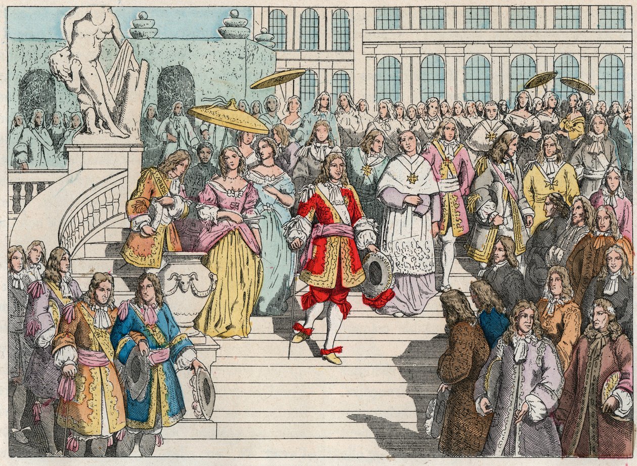 Luis XIV (Luis 14) y su corte en Versalles - Luis XIV de Francia y su corte en Versalles - Grabado de finales del siglo XIX en “Nos Gires Nationales - Imágenes y relatos” de French School