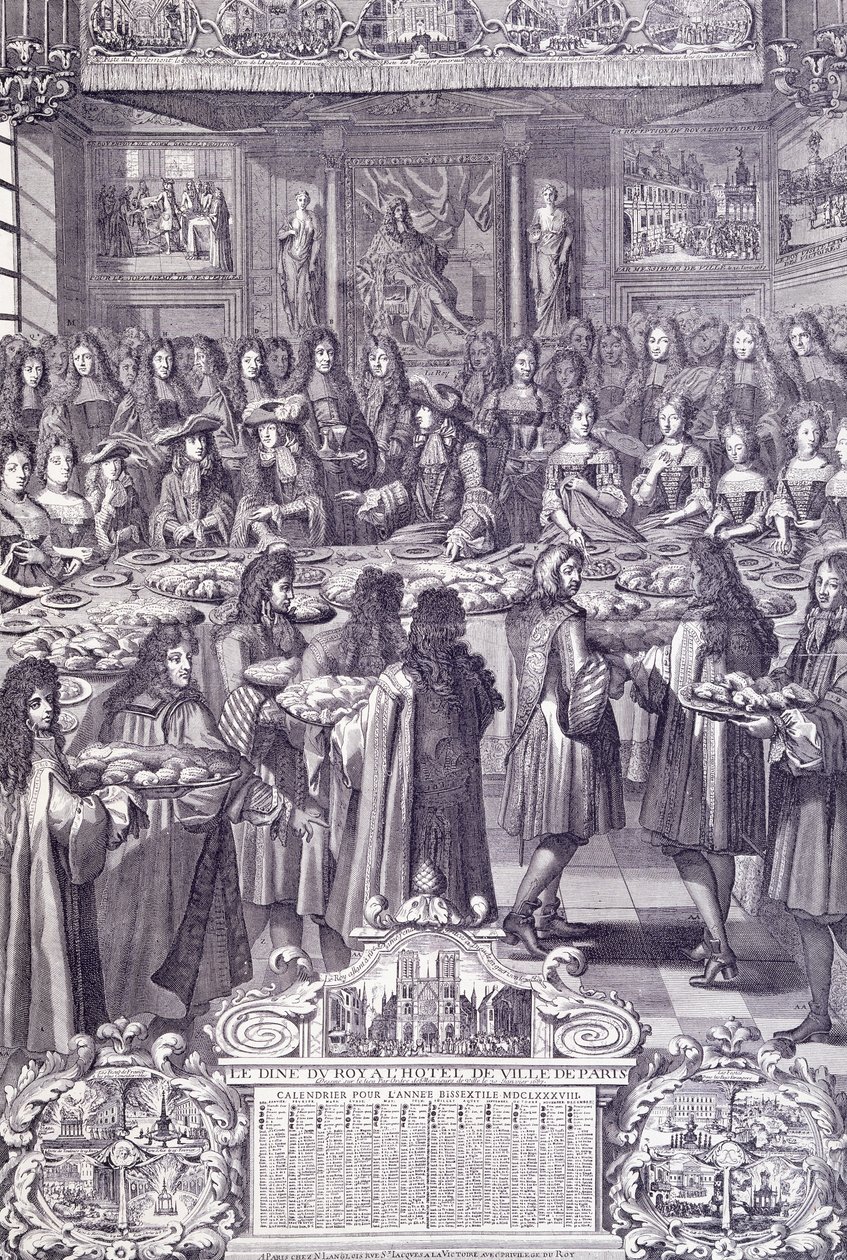 Luis XIV, amor y deleite de su pueblo, grabado del Almanaque de French School