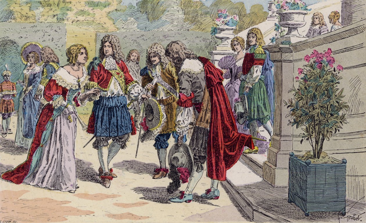 Luis XIV de Francia y su corte en Versalles (litografía en color) de French School