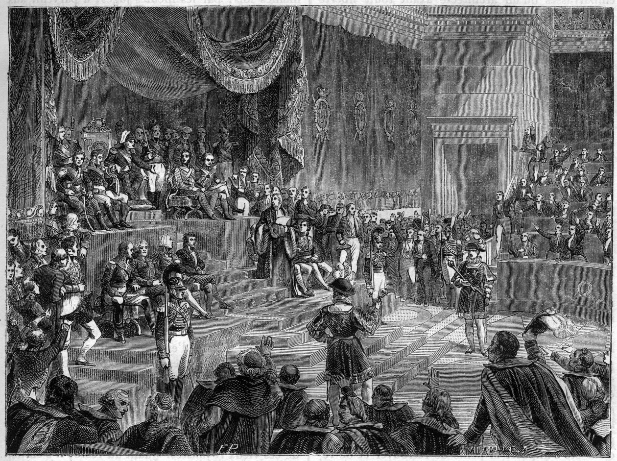 Luis XVIII y el establecimiento de la Monarquía Constitucional - Carta Constitucional del 4 de junio de 1814 - Luis XVIII preside la apertura de la sesión de las Cámaras el 4 de junio de 1814 en el Palais Bourbon en París - en “Histoire de l