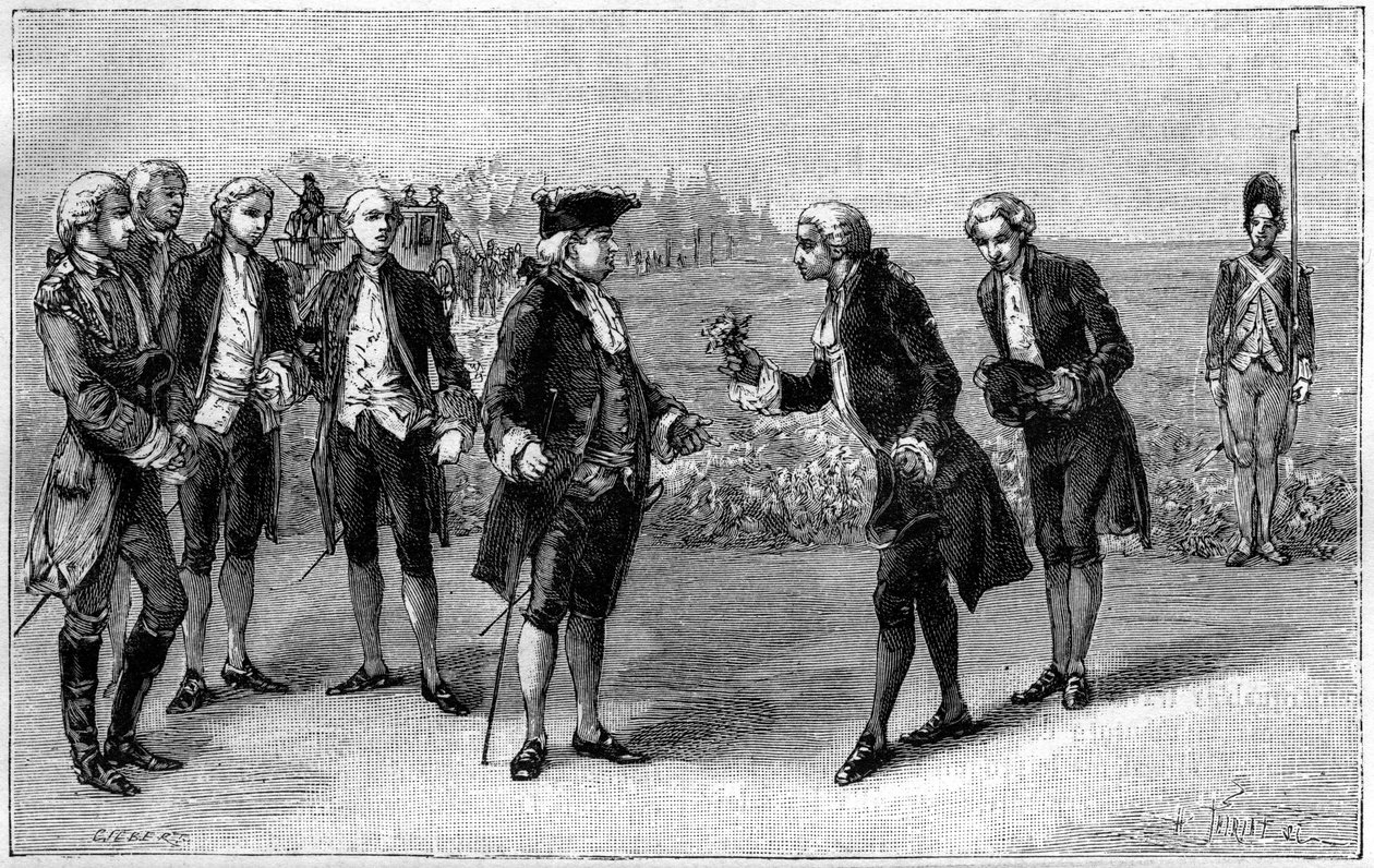 Luis XVI (1754-1793) visitando el primer campo de papas en la llanura de los Sablons (actual avenida de la Grande Armée, París), Antoine Augustin Parmentier (1737-1813) le ofreció flores de papa, alrededor de 1785. Grabado en "La Nature. Revue des sciences de French School