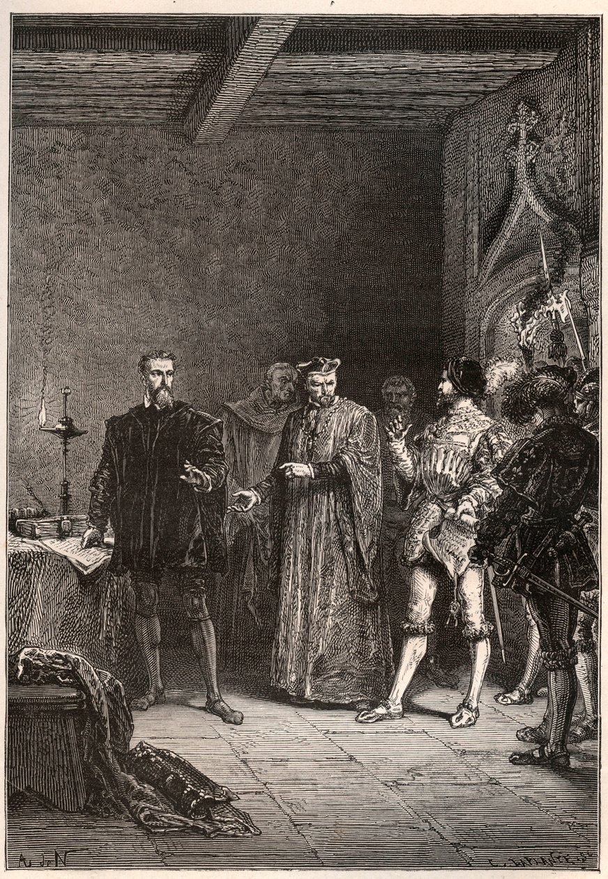 Luis de Berquin (1485-1529), caballero y humanista, reformador religioso, liberado por Jean de la Barre (1523-1533) preboste de París - Luis de Berquin (izquierda) liberado de prisión por Jean de la Barre - grabado de “L