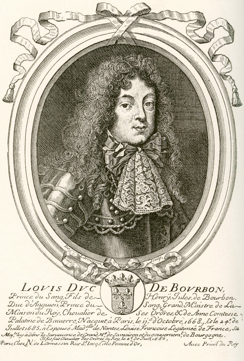 Luis de Borbón, Príncipe de Condé, 1668 - 1710. Príncipe de la sangre en la corte francesa de Luis XIV. De Les Heures Libres publicado en 1908 de French School