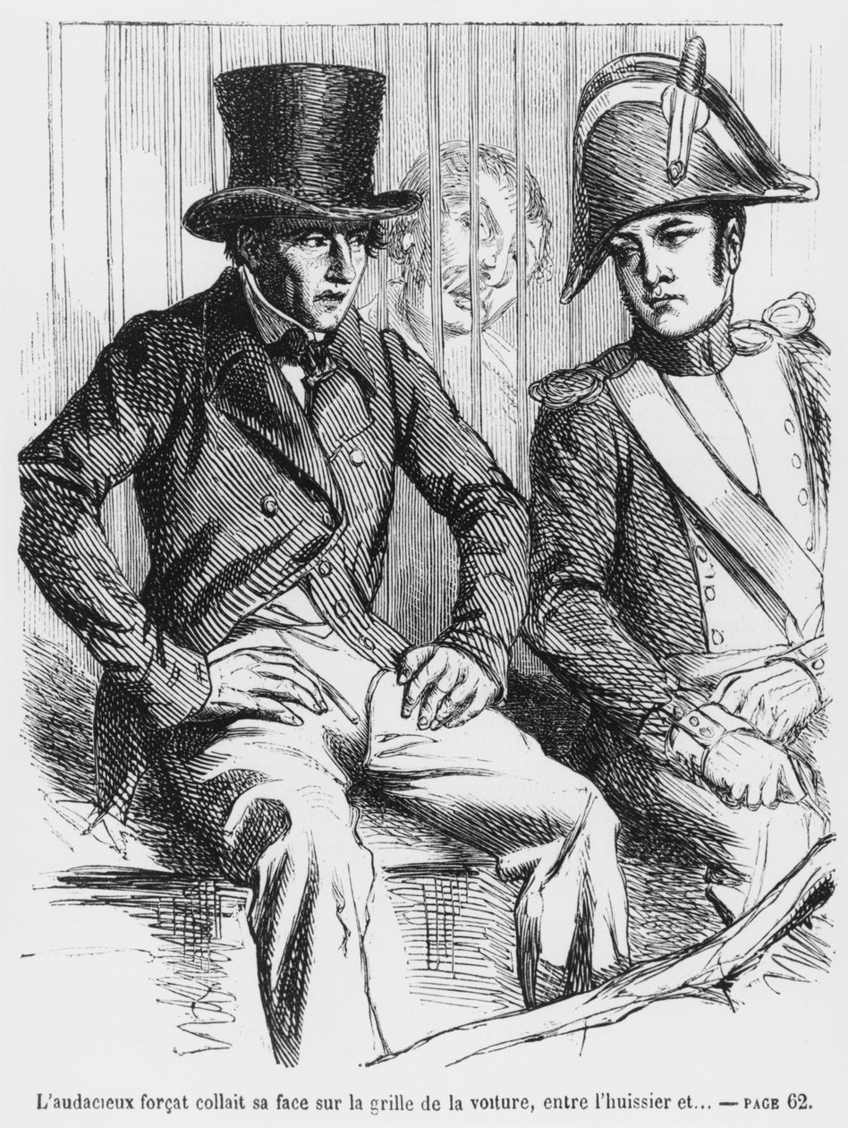 Lucien de Rubempre y Vautrin arrestados, ilustración de Esplendores y Miserias de las Cortesanas por Honoré de Balzac, publicado en 1867 de French School