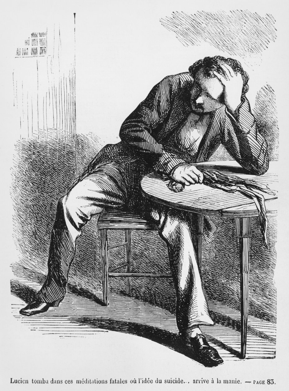 Lucien de Rubempre pensando en suicidarse, ilustración de Esplendores y Miserias de las Cortesanas por Honoré de Balzac, publicado en 1867 de French School