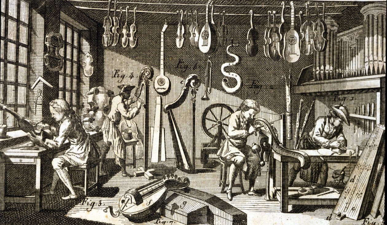 Taller de lutier. Grabado - en la Enciclopedia de Diderot y Alembert de French School