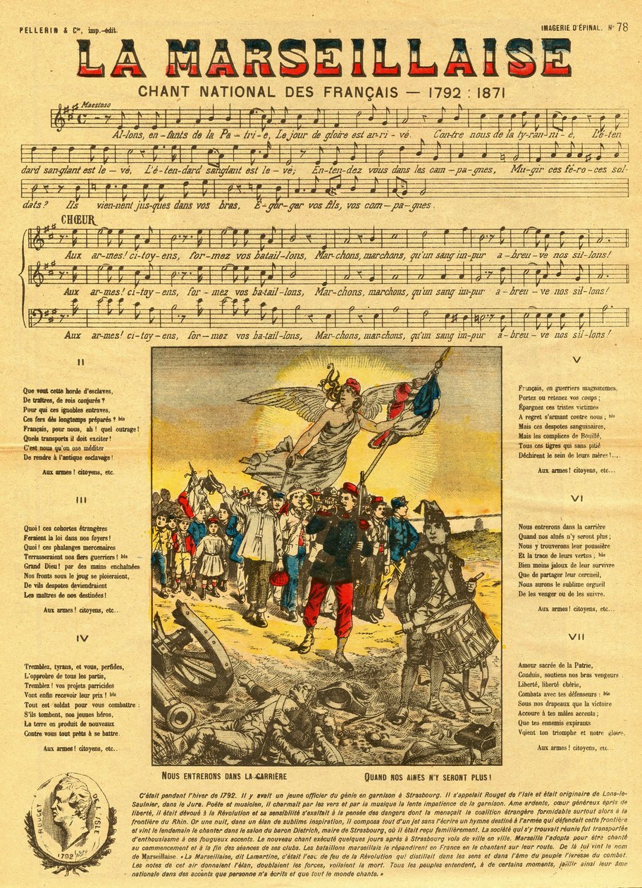 Letra y música de la Marsellesa, el himno francés compuesto por Rouget de Lisle (Rouget de L