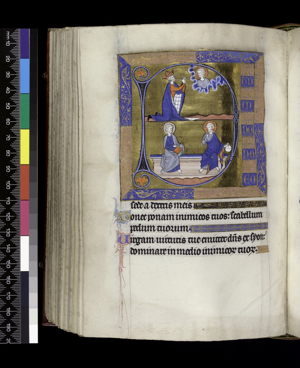 MS 300 f.125v, David reza a Dios (arriba); Dios con orbe y Cristo con libro sentado en un banco (abajo), del Salterio y Horas de Isabel de Francia, París, c.1265-70 de French School